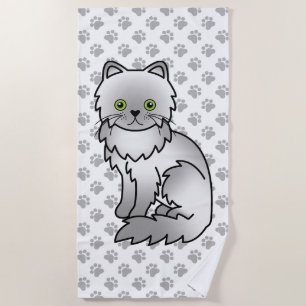 Chinchilla Gray Persian Cute Cartoon Cat & Paws Beach Towel