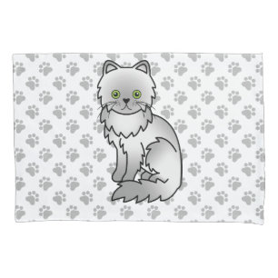 Chinchilla Gray Persian Cute Cartoon Cat & Paws Pillow Case