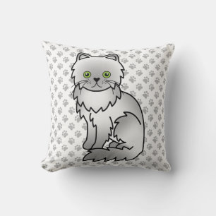 Chinchilla Gray Persian Cute Cartoon Cat & Paws Throw Pillow