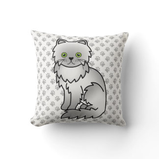 Chinchilla Gray Persian Cute Cartoon Cat &amp; Paws Throw Pillow