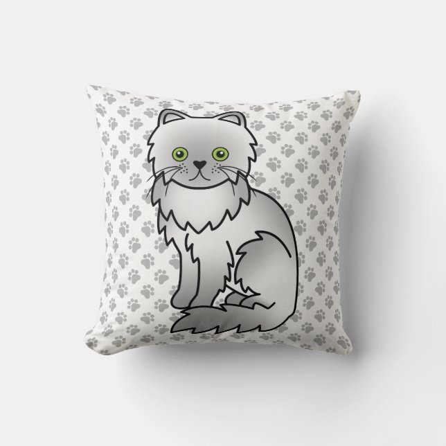 Chinchilla Gray Persian Cute Cartoon Cat & Paws Throw Pillow (Front)