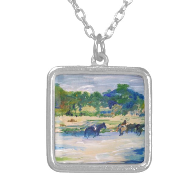 Chincoteague Island Horse Painting Silver Plated Necklace (Front)