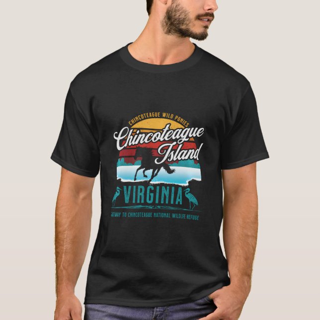 Chincoteague Island Virginia Wild Ponies Retro Sun T-Shirt (Front)