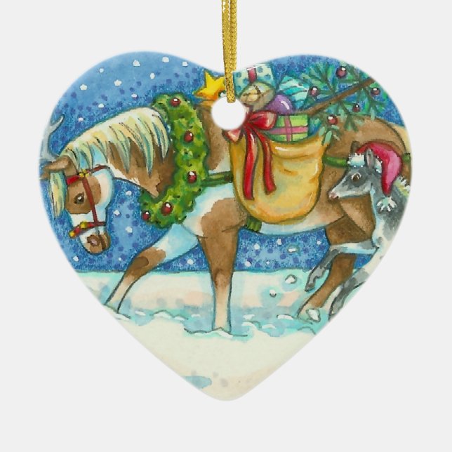 CHINCOTEAGUE PONIES CHRISTMAS HORSES SIGNED 2019 CERAMIC ORNAMENT (Front)