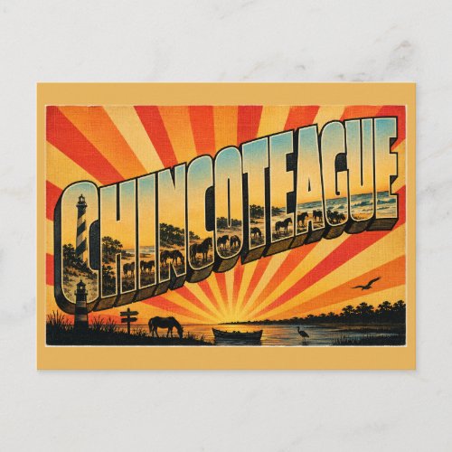 Chincoteague VA Wild Ponies Lighthouse Beach Art Postcard