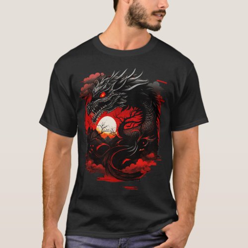 chines red eyes black dragon yin yan  T_Shirt