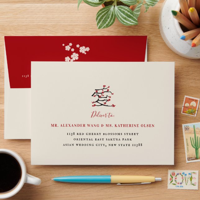 Chinese Ai Love Red Cherry Blossoms Engagement Envelope (Desk)