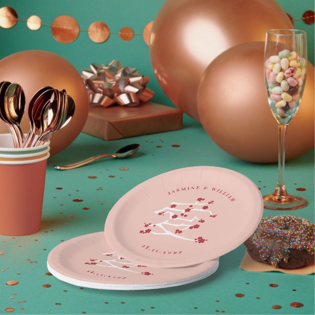 Chinese Ai Love Red Cherry Blossoms Engagement Pap Paper Plates (Multi)