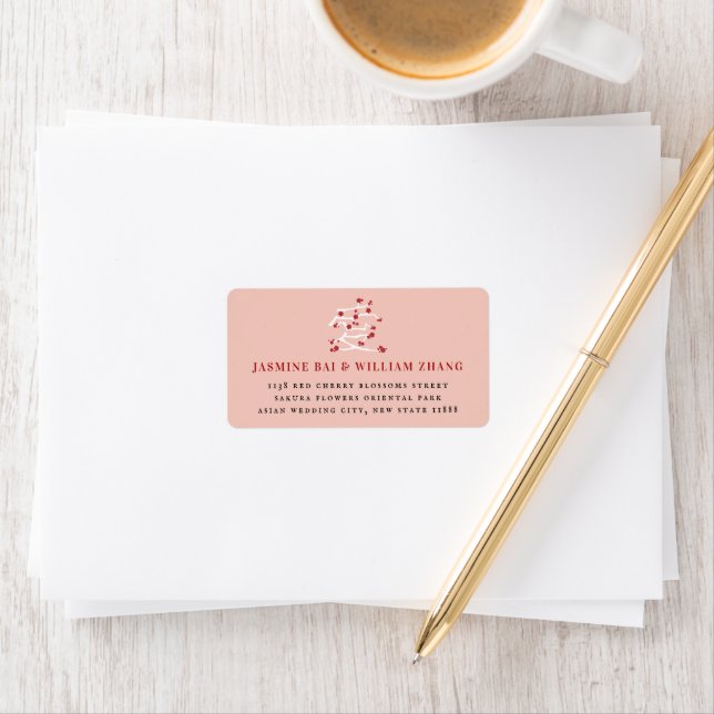 Chinese Ai Love Red Cherry Blossoms Return Address Label (Insitu)