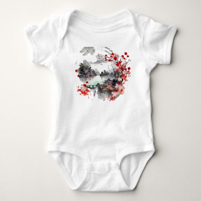 Chinese ancient pavilion landscape painting baby bodysuit (Front)