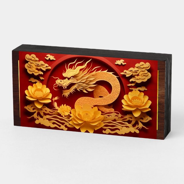Chinese and Vietnamese Wood Dragon Year 2024 WS Wooden Box Sign (Angled Horizontal)