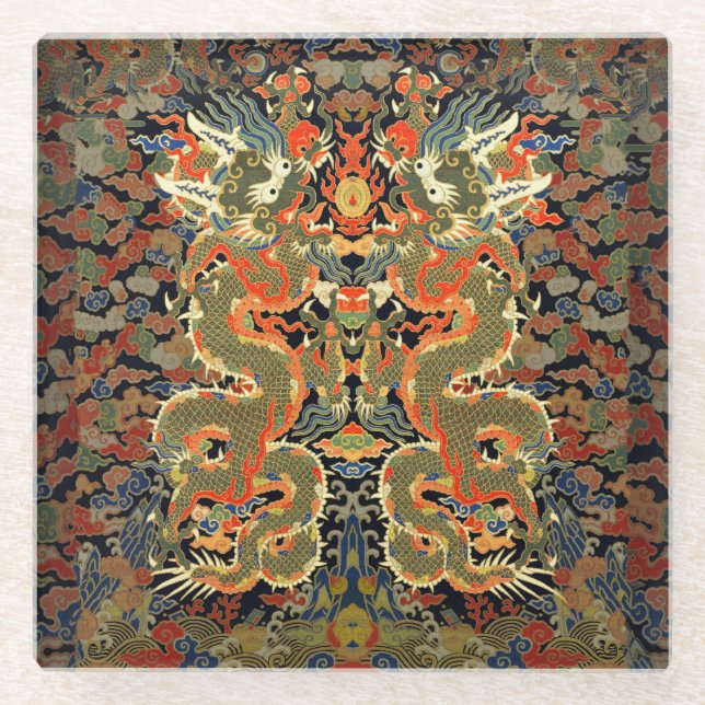 Chinese Asian Dragon Colorful Art Glass Coaster (Front)