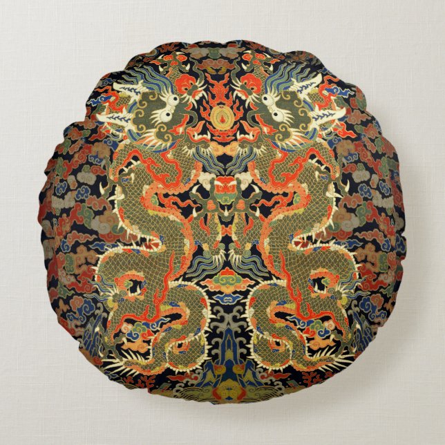 Chinese Asian Dragon Colorful Art Round Pillow (Front)