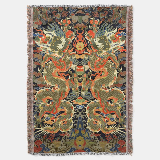 Chinese Asian Dragon Colorful Art Throw Blanket (Front Vertical)