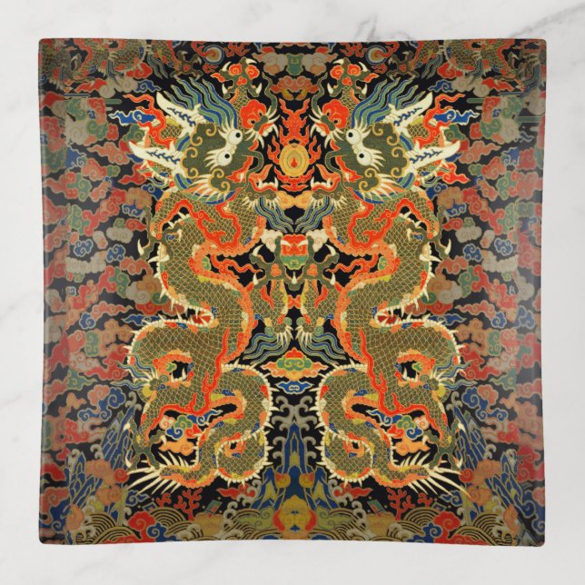 Chinese Asian Dragon Colorful Art Trinket Tray (Front)