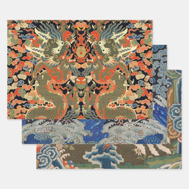 Chinese Asian Dragon Colorful Art Wrapping Paper Sheets (Set)