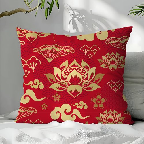 Chinese Asian Oriental Red Gold Lotus Pattern Throw Pillow