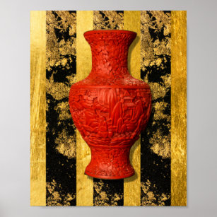 Chinese Asian Red Vase Black Gold Poster