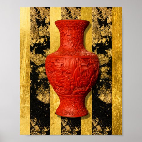 Chinese Asian Red Vase Black Gold Poster