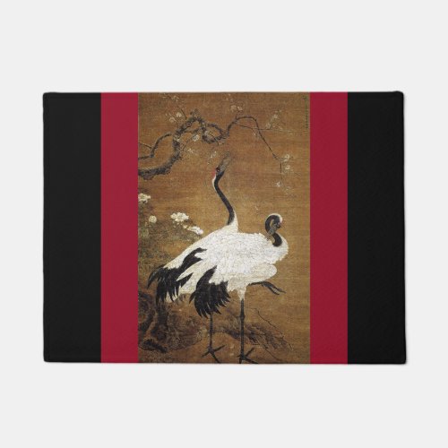 Chinese Asian Twin Crane Bird Plum Flower Blossoms Doormat