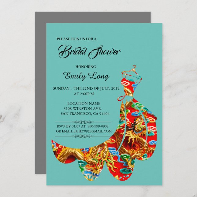 Chinese Auspicious Cloud Dragon Bridal Shower Invitation (Front/Back)