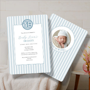 Chinese Baby 100 Days 百日 Blue Invitation