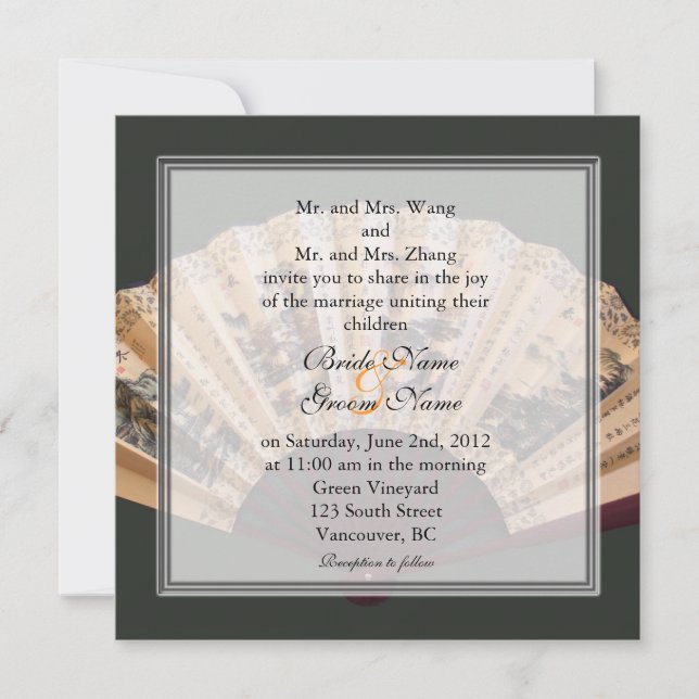 Chinese bamboo and silk fan wedding invitation (Front)
