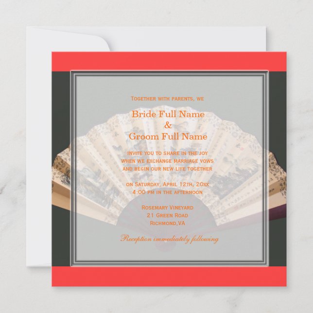 Chinese bamboo and silk fan wedding invitation (Front)