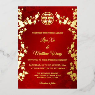 Chinese Bilingual   Gold Red Floral Wedding Foil Invitation