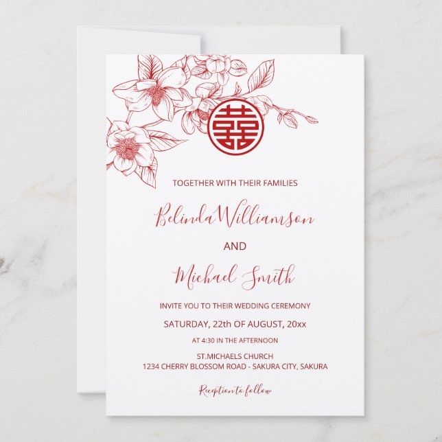 Chinese Bilingual | Magnolia White Chinese Wedding Invitation (Front)