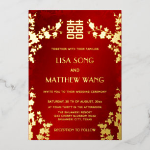 Chinese Bilingual   Red Cherry Blossom Wedding Foil Invitation