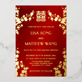 Chinese Bilingual | Red Cherry Blossom Wedding Foil Invitation