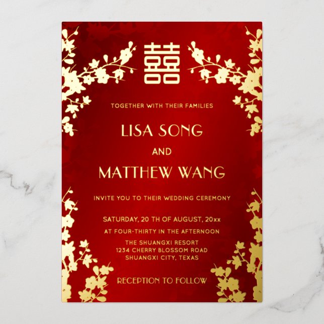 Chinese Bilingual | Red Cherry Blossom Wedding Foil Invitation (Front)