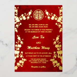 Chinese Bilingual Red Cherry Blossom Wedding Foil Invitation