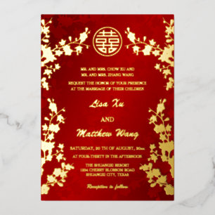 Chinese Bilingual   Red Cherry Blossom Wedding Foil Invitation