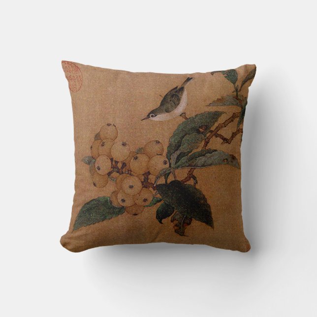 Chinese bird and loquat fruits throw pillow (Front)