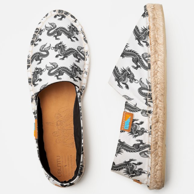 Chinese Black Dragon Loong #10 White Canvas Espadrilles (Side)