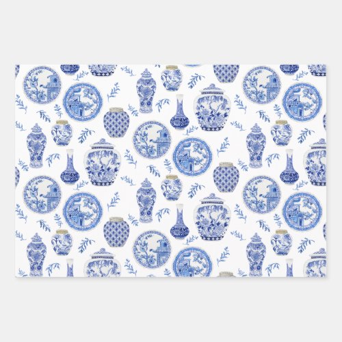 Chinese Blue and White Floral Ginger Jars Vintage  Wrapping Paper Sheets