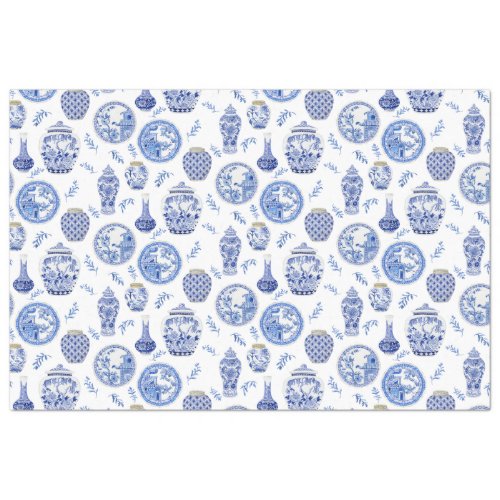 Chinese Blue and White Floral Vintage Ginger Jars  Tissue Paper