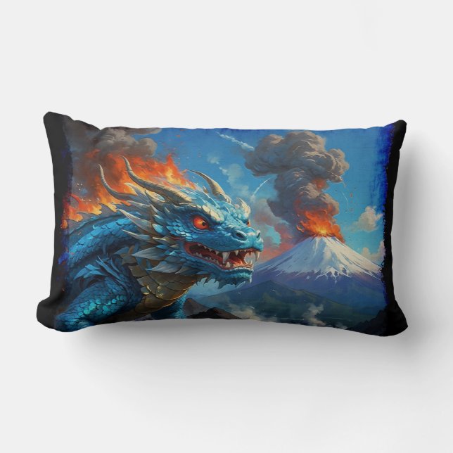 Chinese Blue Dragon and Volcano Lumbar Pillow (Front)