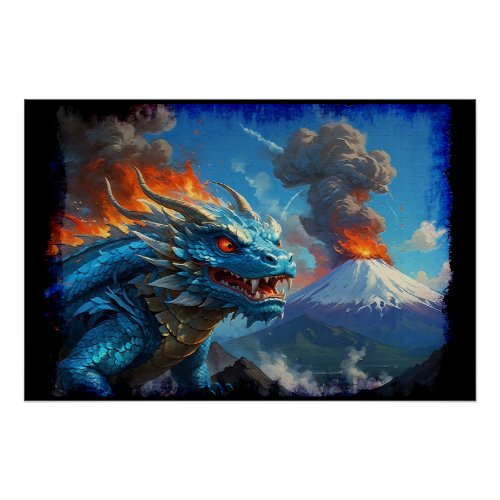 Chinese Blue Dragon and Volcano Poster