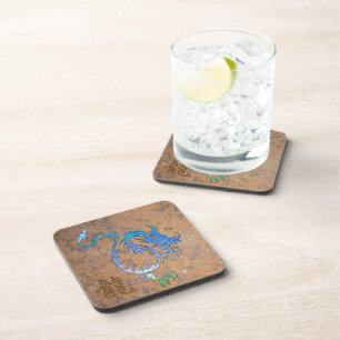 Chinese Blue Dragon on Rusted-look Drink Coasters