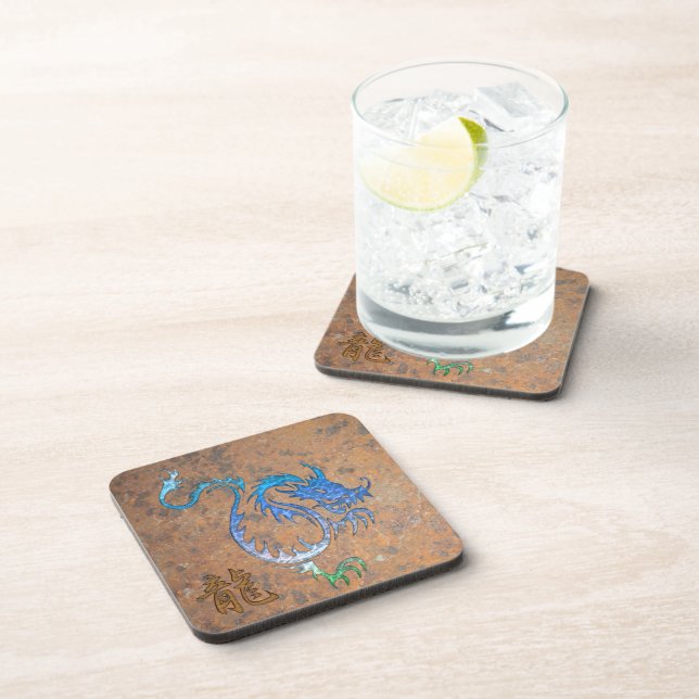 Chinese Blue Dragon on Rusted-look Drink Coasters (Right Side)