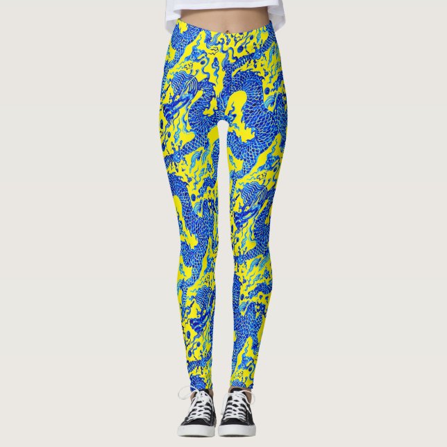 Chinese Blue Dragon Yoga Pants Running (Front)