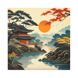 chinese brush painting landscape metal print