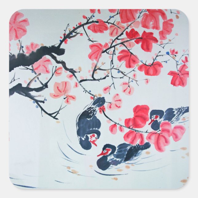 Chinese Brush Swimming Birds Among Flowers  Square Sticker (Front)