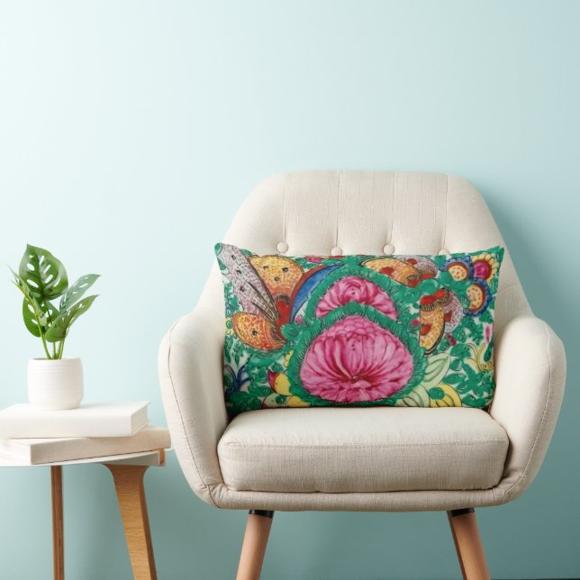 Chinese Butterfly Floral Canton Lumbar Pillow (Chair)