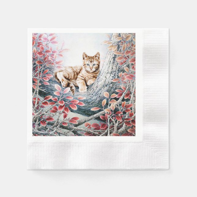 Chinese Cat Art Cat in Tree Paper Napkins (Front)