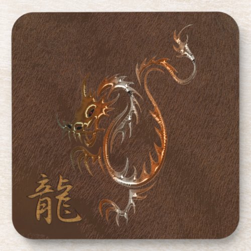 Chinese Copper Dragon on Faux Leather Beverage Coaster