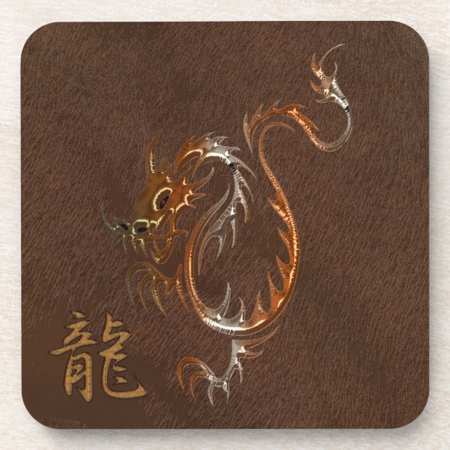 Chinese Copper Dragon on Faux Leather Drink Coaster (Front)